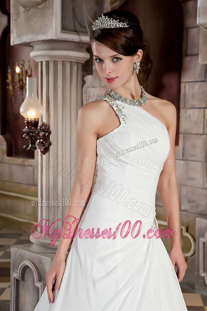 Jewelry One Shoulder Ruching Brush Train Dresses for Brides in White
