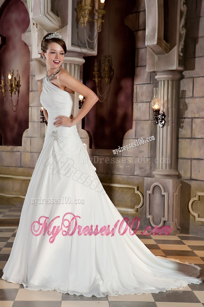 Jewelry One Shoulder Ruching Brush Train Dresses for Brides in White