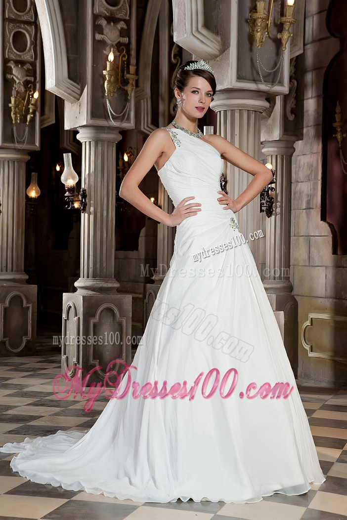 Jewelry One Shoulder Ruching Brush Train Dresses for Brides in White