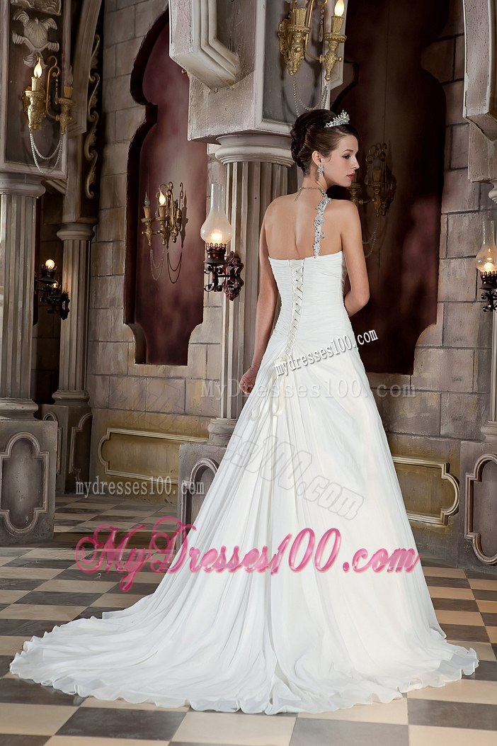 Jewelry One Shoulder Ruching Brush Train Dresses for Brides in White