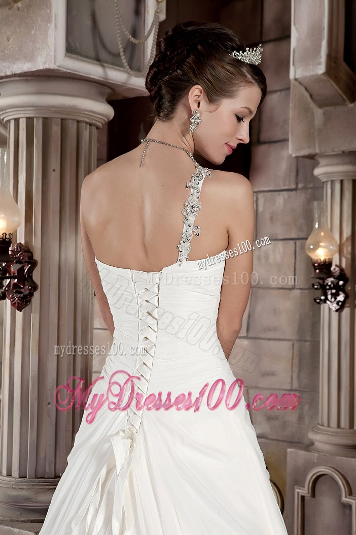 Jewelry One Shoulder Ruching Brush Train Dresses for Brides in White