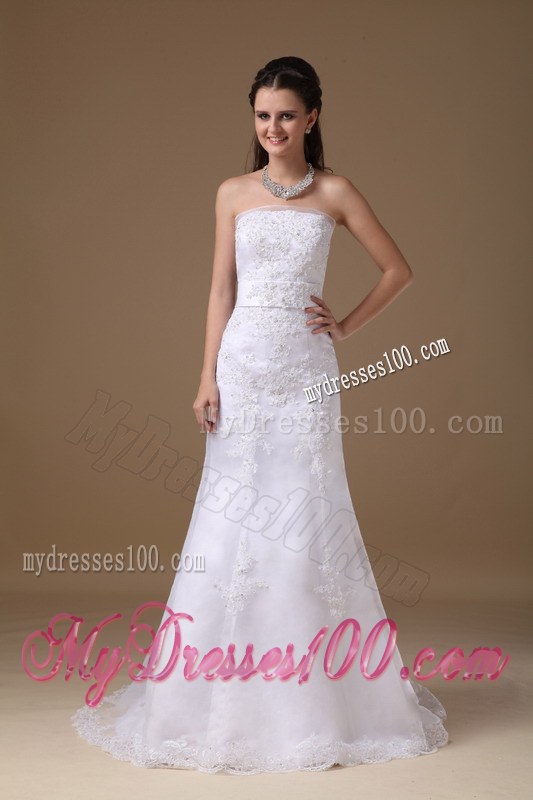 A-line Strapless Brush Train Taffeta and Lace Wedding Dresses with Sash