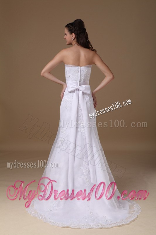 A-line Strapless Brush Train Taffeta and Lace Wedding Dresses with Sash