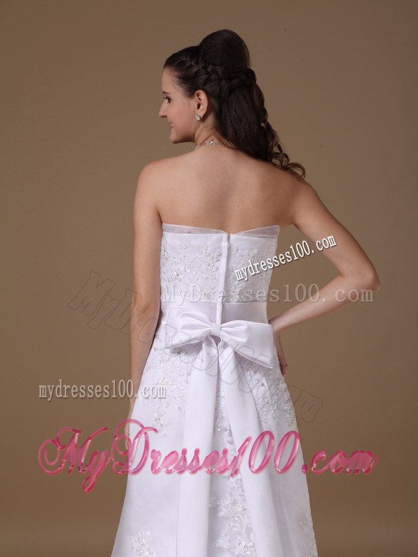 A-line Strapless Brush Train Taffeta and Lace Wedding Dresses with Sash