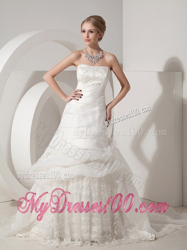 A-line Chapel Train Organza and Lace Wedding Dress with Pick-ups and Ruche