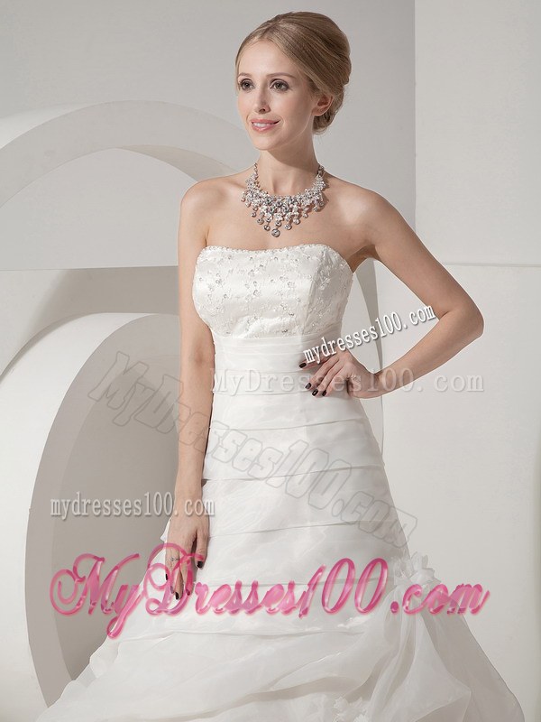 A-line Chapel Train Organza and Lace Wedding Dress with Pick-ups and Ruche