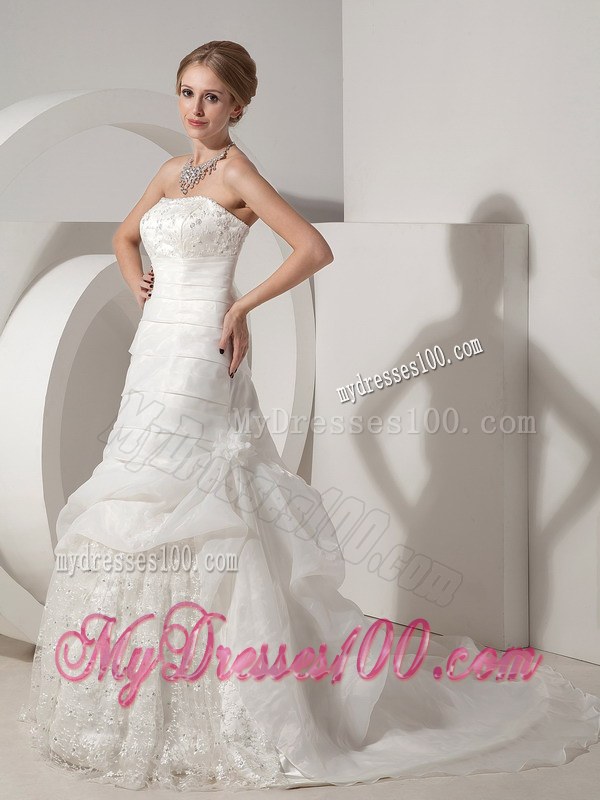 A-line Chapel Train Organza and Lace Wedding Dress with Pick-ups and Ruche