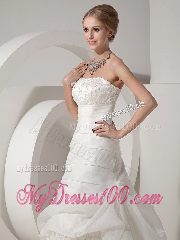 A-line Chapel Train Organza and Lace Wedding Dress with Pick-ups and Ruche
