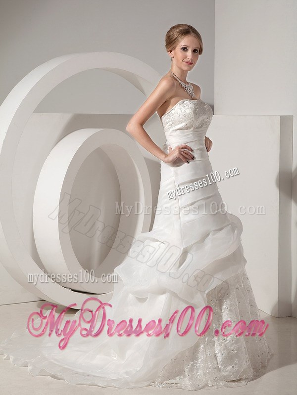 A-line Chapel Train Organza and Lace Wedding Dress with Pick-ups and Ruche