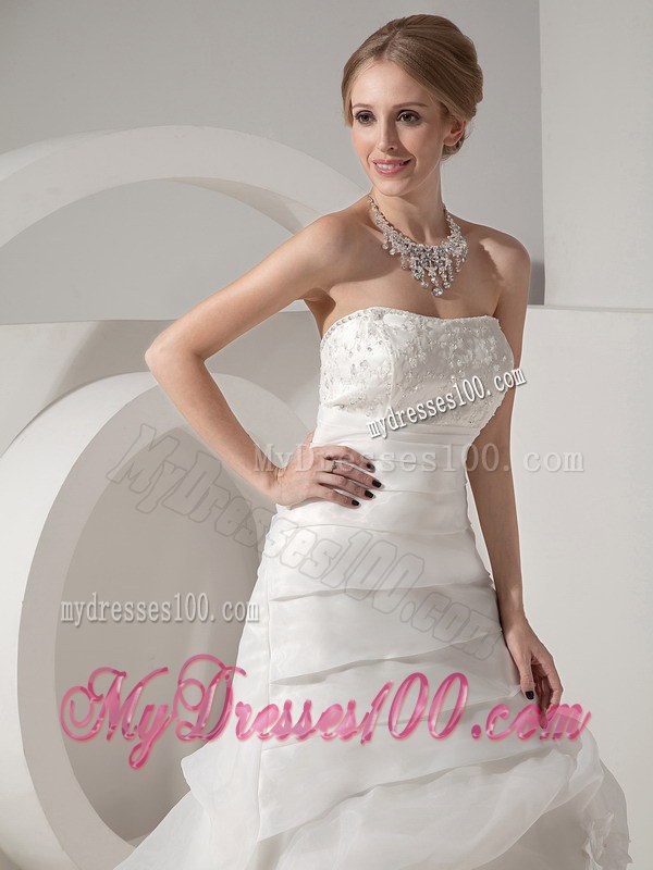 A-line Chapel Train Organza and Lace Wedding Dress with Pick-ups and Ruche