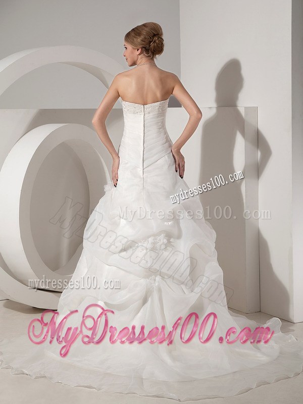 A-line Chapel Train Organza and Lace Wedding Dress with Pick-ups and Ruche