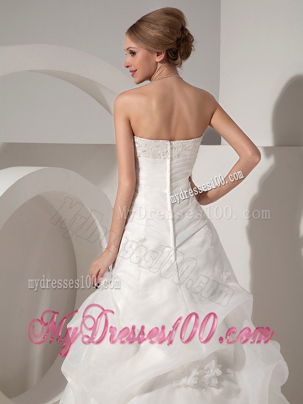 A-line Chapel Train Organza and Lace Wedding Dress with Pick-ups and Ruche