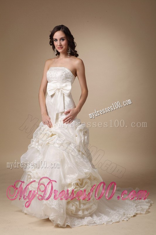 Strapless Beaded Brush Train Bridal Gown with Hand Made Flowers and Bowknot
