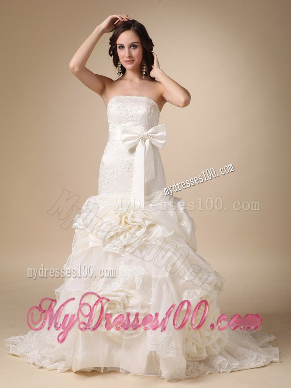 Strapless Beaded Brush Train Bridal Gown with Hand Made Flowers and Bowknot