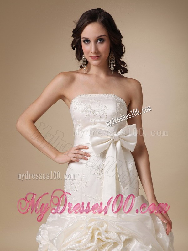 Strapless Beaded Brush Train Bridal Gown with Hand Made Flowers and Bowknot