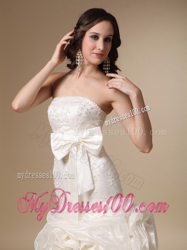 Strapless Beaded Brush Train Bridal Gown with Hand Made Flowers and Bowknot