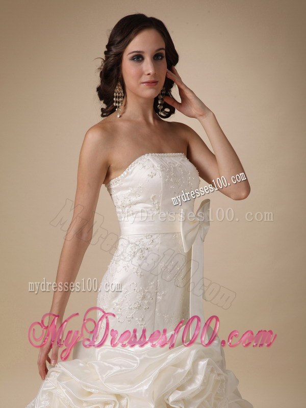Strapless Beaded Brush Train Bridal Gown with Hand Made Flowers and Bowknot