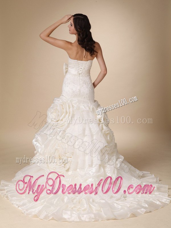 Strapless Beaded Brush Train Bridal Gown with Hand Made Flowers and Bowknot