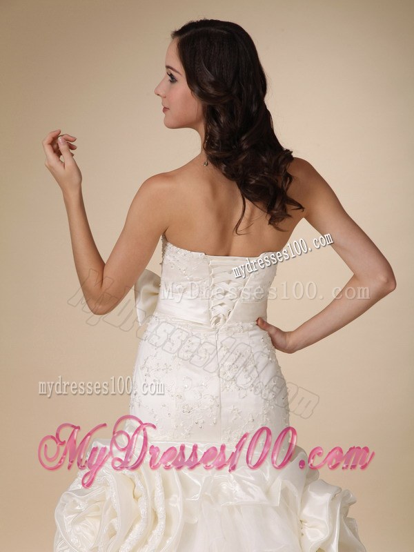 Strapless Beaded Brush Train Bridal Gown with Hand Made Flowers and Bowknot