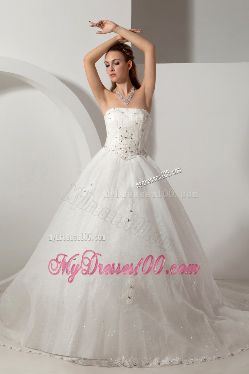 Beautiful Strapless Beaded White Wedding Bridal Gown Chapel Train