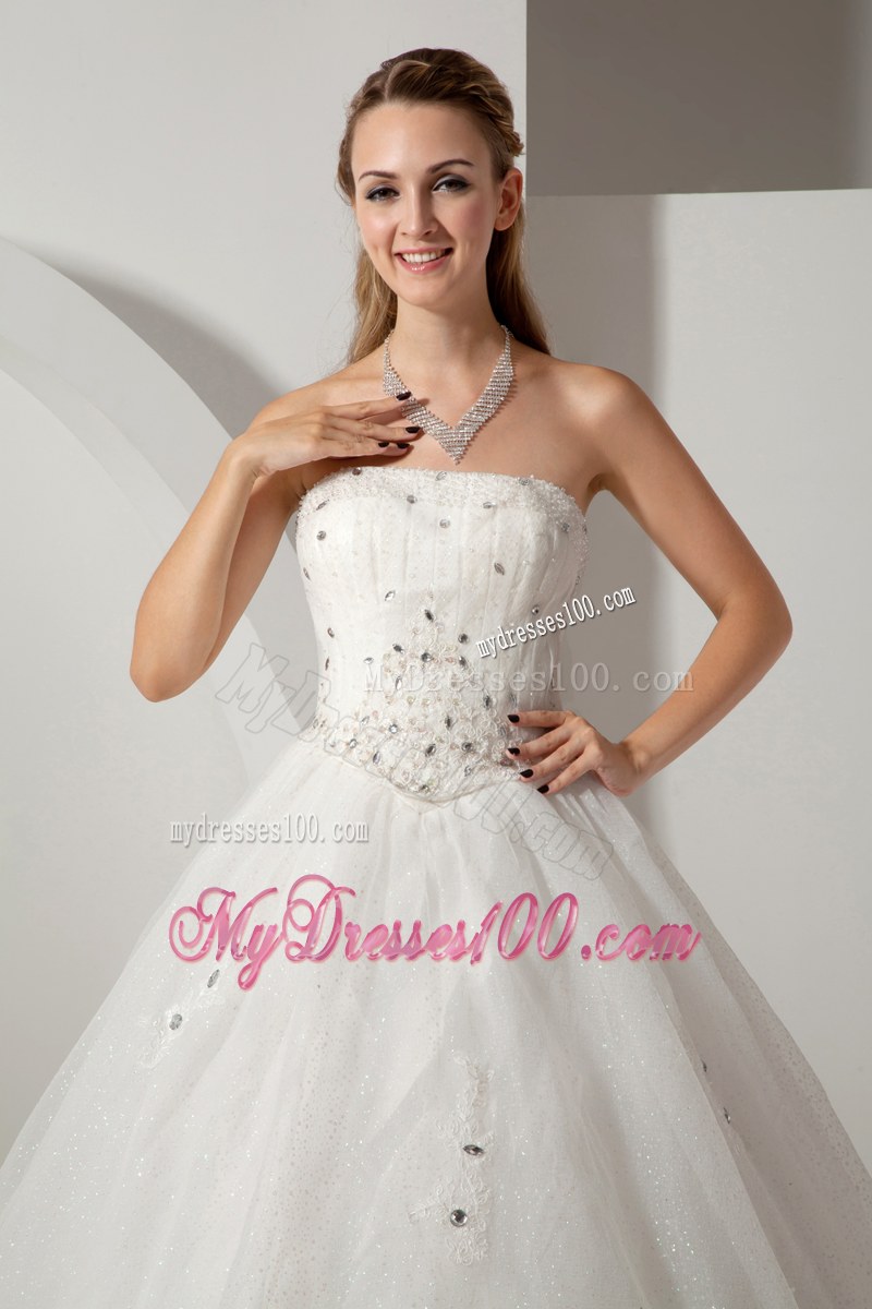 Beautiful Strapless Beaded White Wedding Bridal Gown Chapel Train