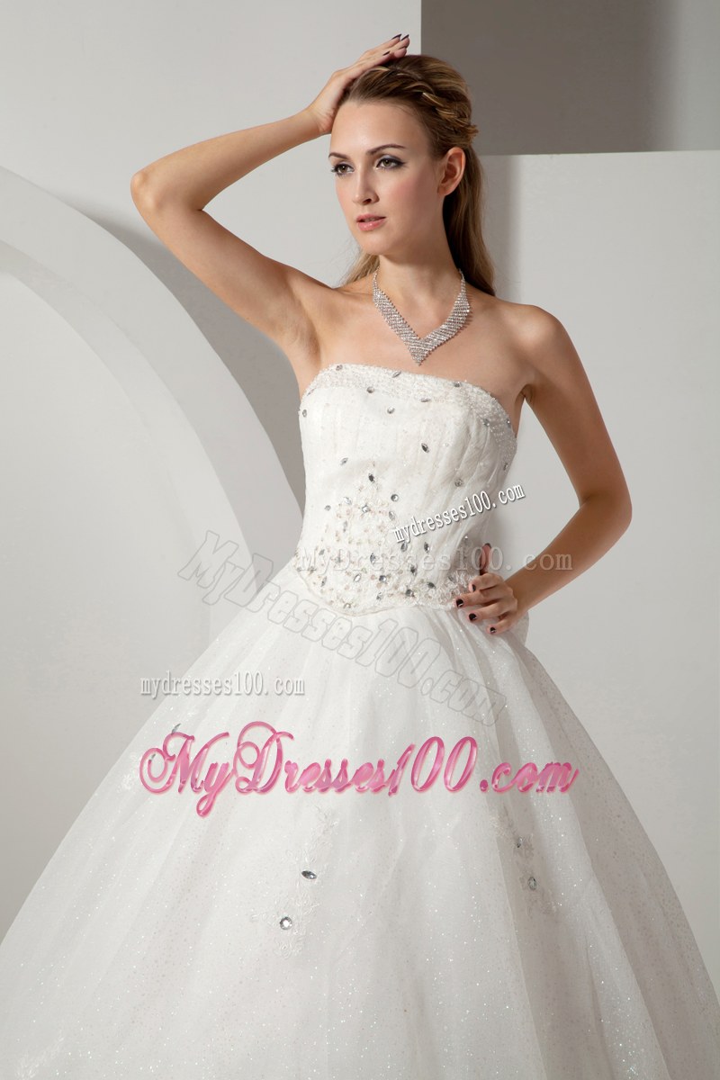Beautiful Strapless Beaded White Wedding Bridal Gown Chapel Train
