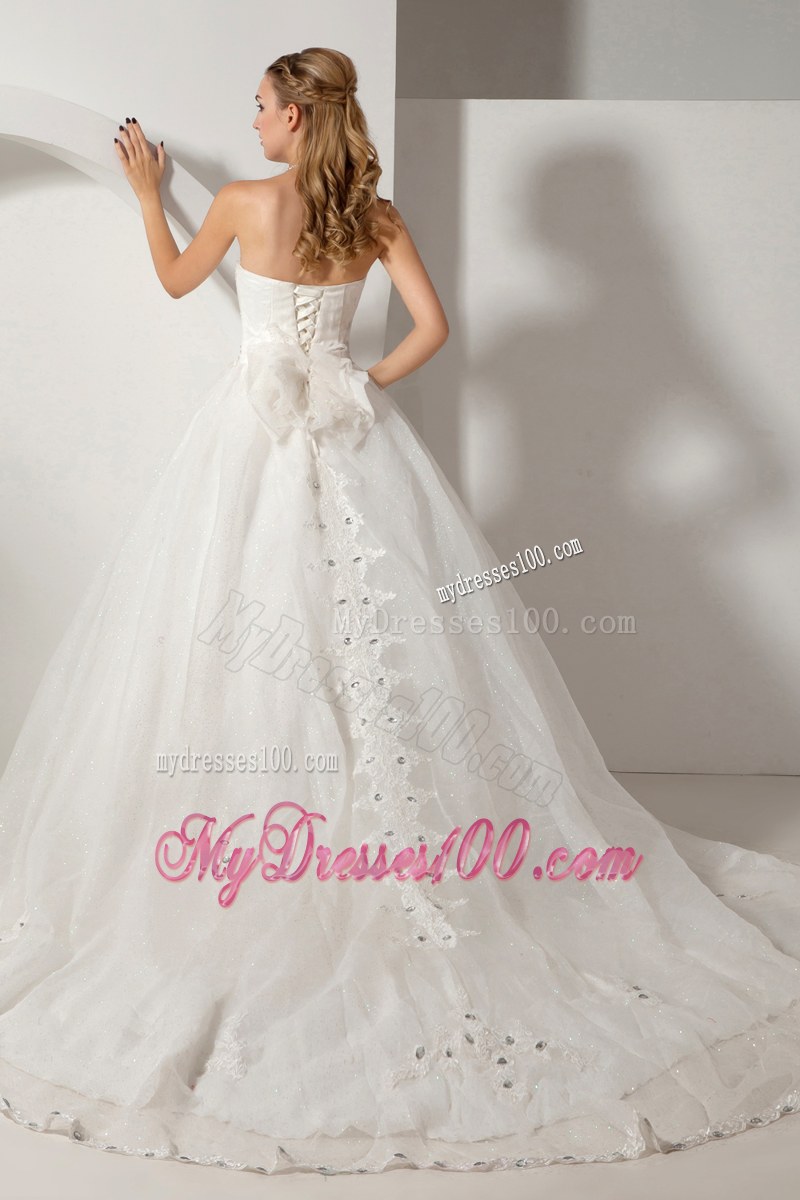 Beautiful Strapless Beaded White Wedding Bridal Gown Chapel Train