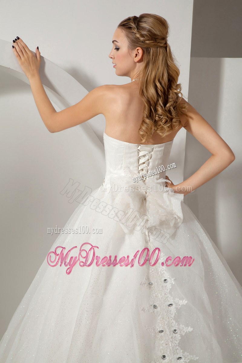 Beautiful Strapless Beaded White Wedding Bridal Gown Chapel Train