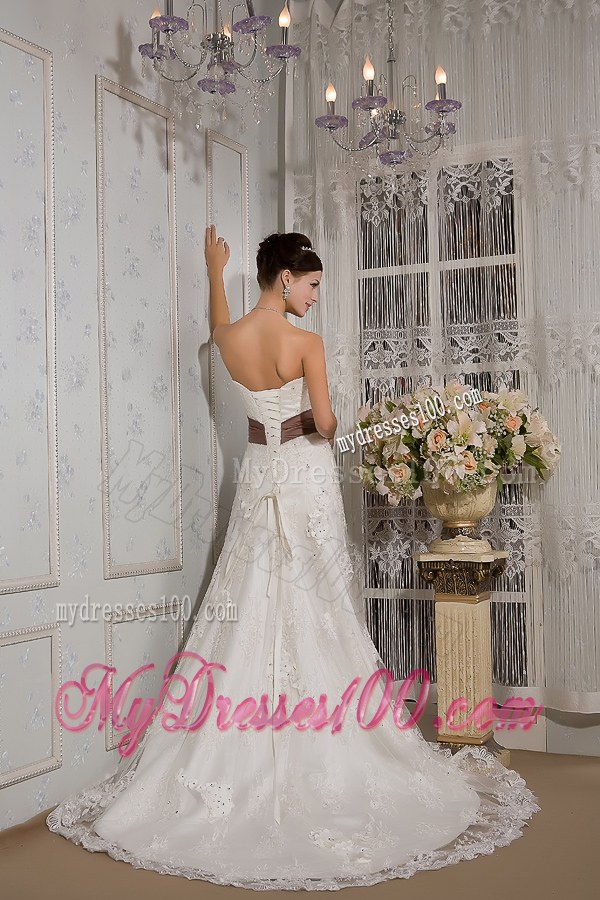 Handle Flower and Beading Wedding Bridal Gowns with Satin Sash and Brush Train
