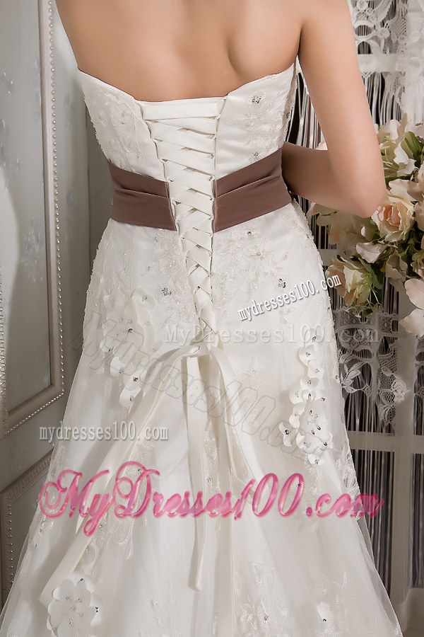 Handle Flower and Beading Wedding Bridal Gowns with Satin Sash and Brush Train