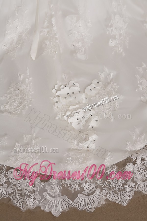 Handle Flower and Beading Wedding Bridal Gowns with Satin Sash and Brush Train