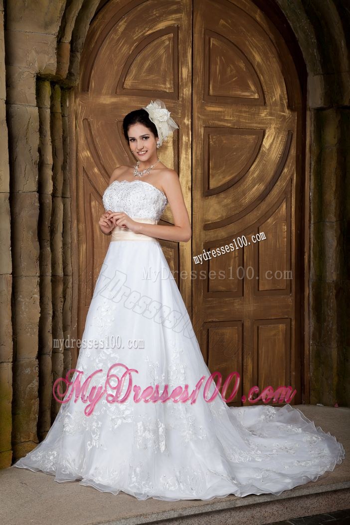 Beading and Floral Appliques Wedding Gown with Brush Train and Ruched Sash