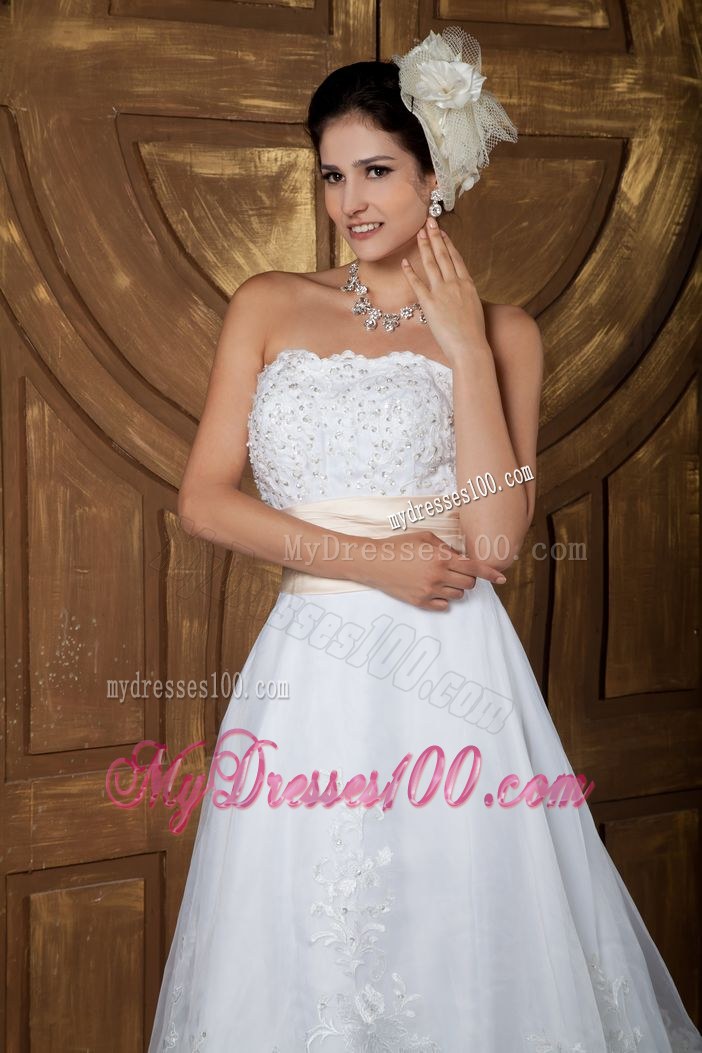 Beading and Floral Appliques Wedding Gown with Brush Train and Ruched Sash