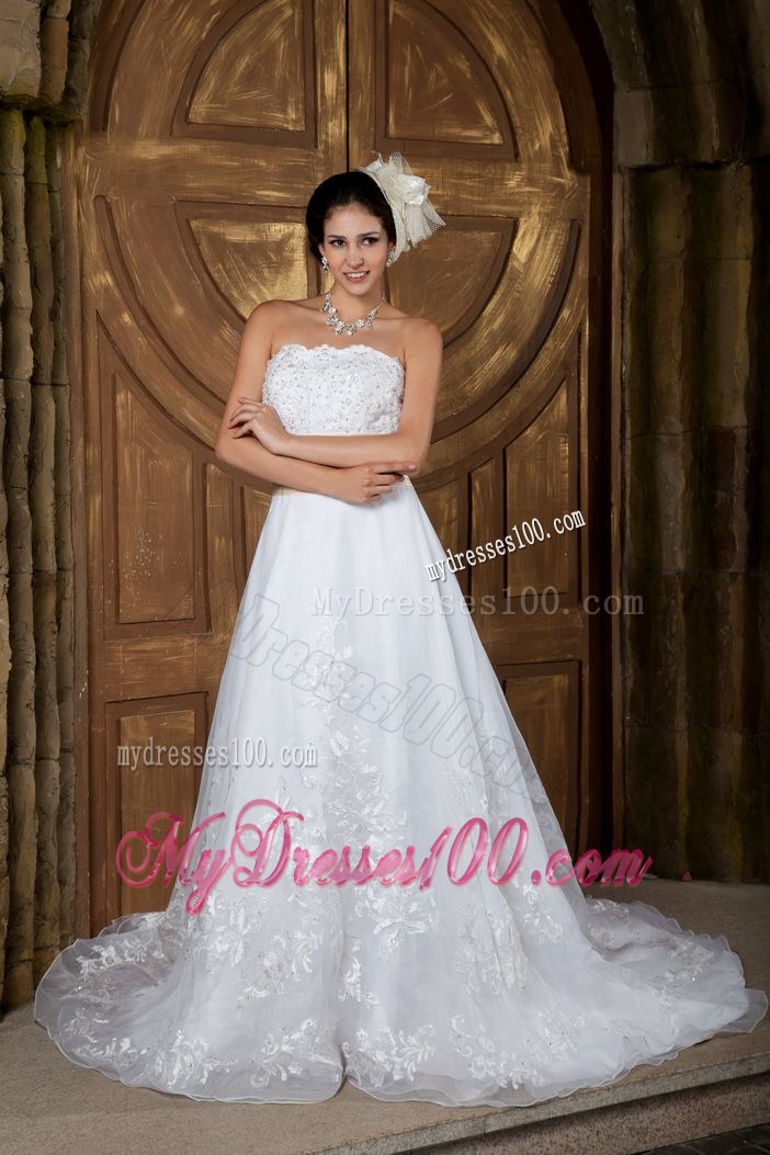 Beading and Floral Appliques Wedding Gown with Brush Train and Ruched Sash