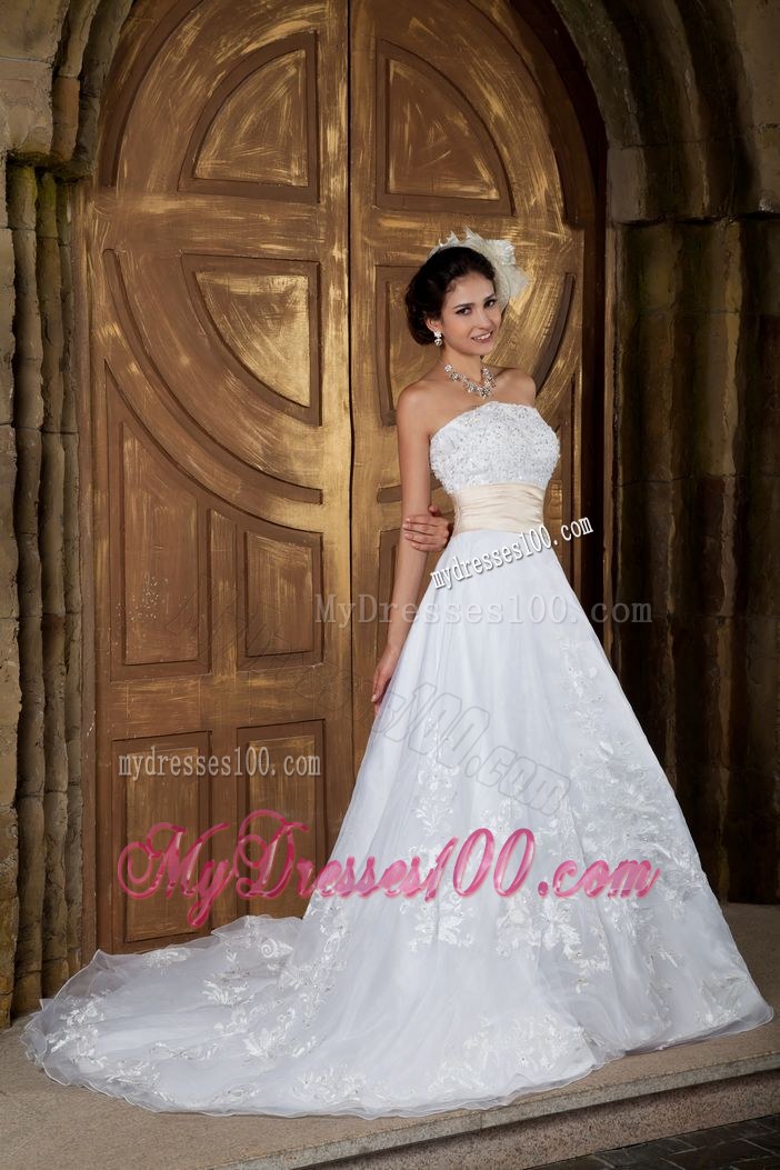 Beading and Floral Appliques Wedding Gown with Brush Train and Ruched Sash