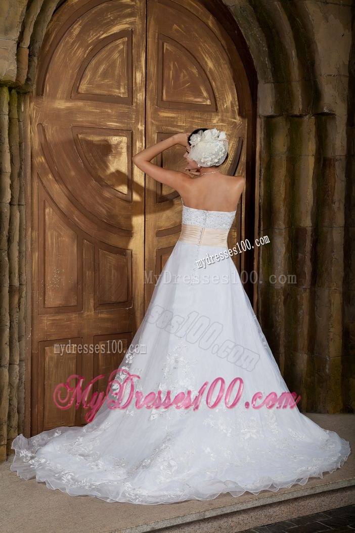 Beading and Floral Appliques Wedding Gown with Brush Train and Ruched Sash