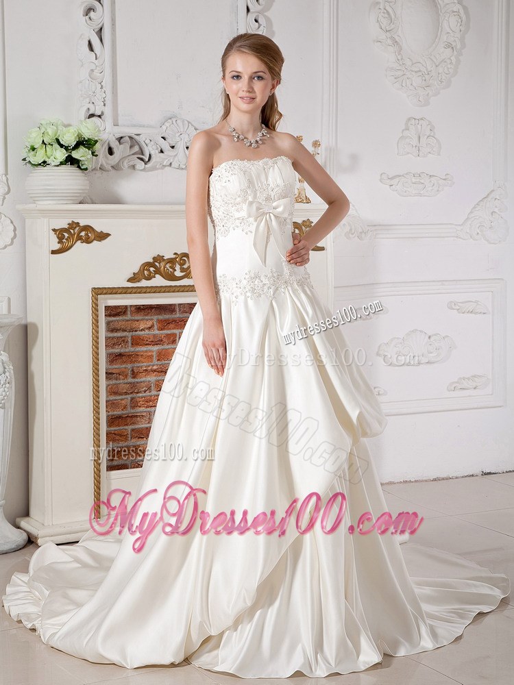 Strapless Chapel Train Taffeta Wedding Gown with Appliques and Pick-ups