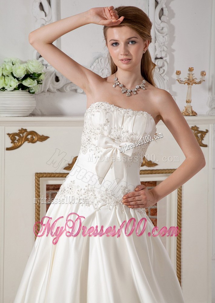 Strapless Chapel Train Taffeta Wedding Gown with Appliques and Pick-ups
