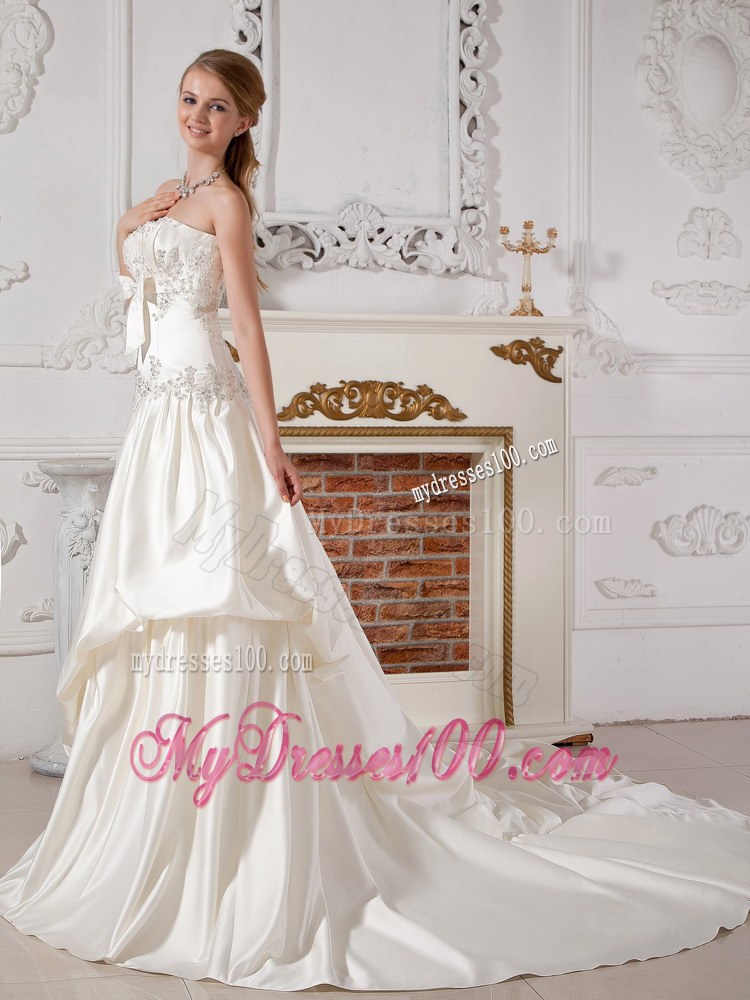 Strapless Chapel Train Taffeta Wedding Gown with Appliques and Pick-ups