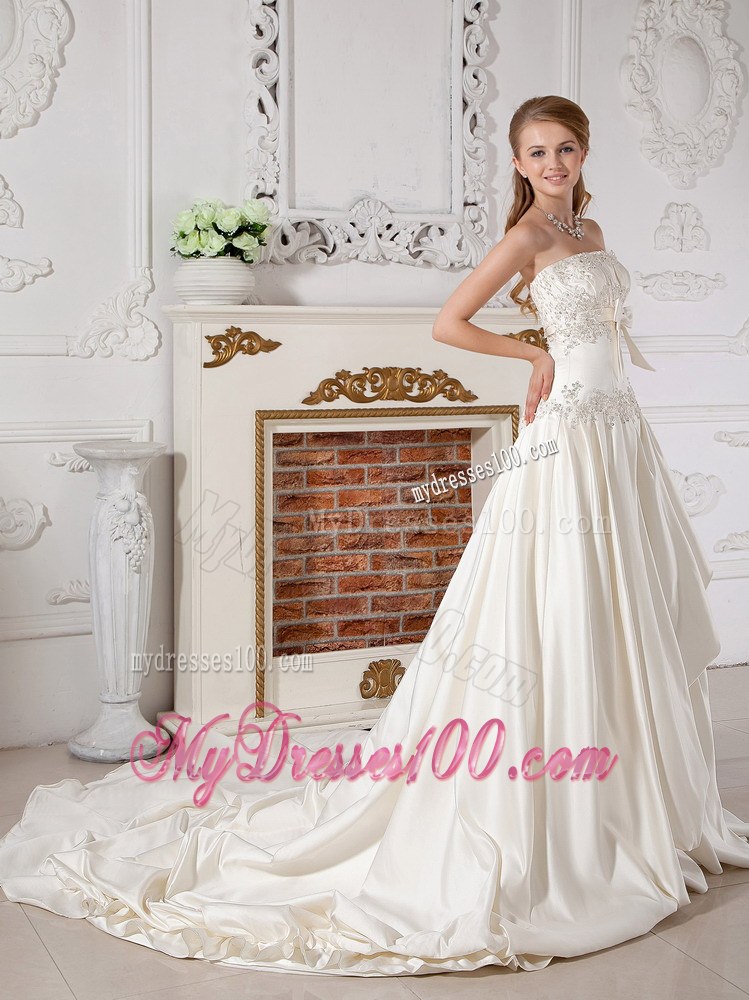 Strapless Chapel Train Taffeta Wedding Gown with Appliques and Pick-ups