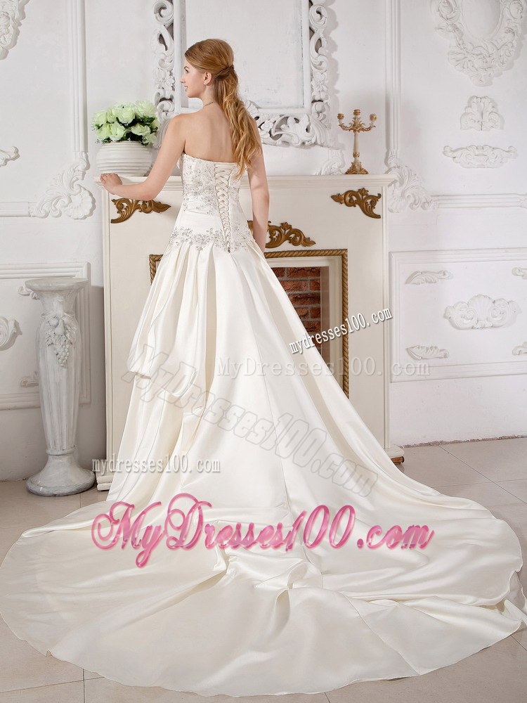 Strapless Chapel Train Taffeta Wedding Gown with Appliques and Pick-ups