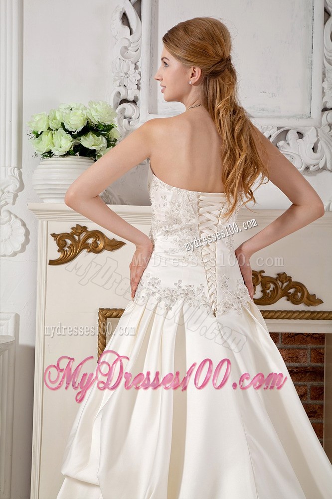 Strapless Chapel Train Taffeta Wedding Gown with Appliques and Pick-ups