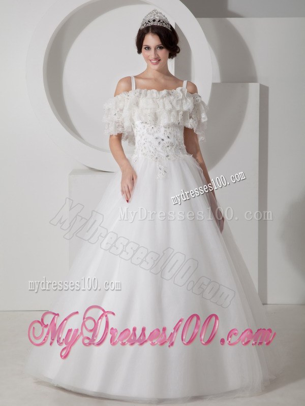 A-line Straps and Off The Shoulder Floor-Length Bridal Gown with Appliques