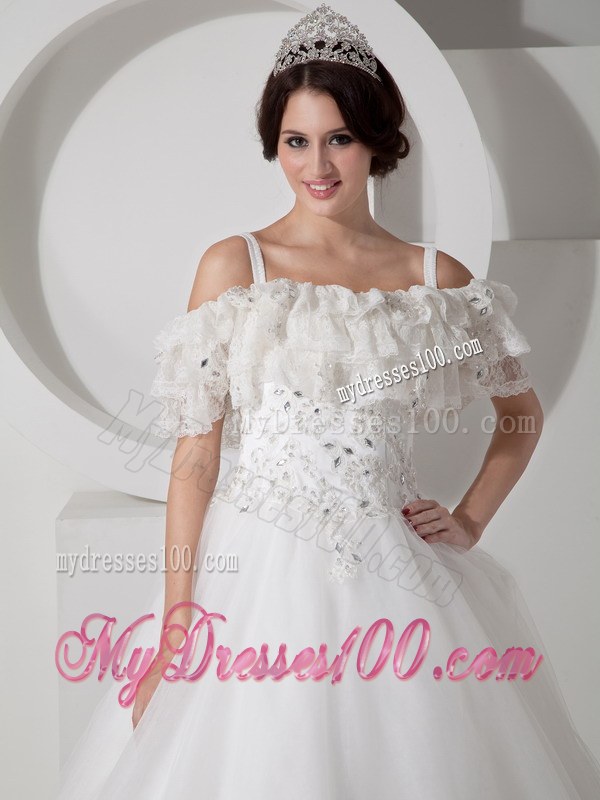 A-line Straps and Off The Shoulder Floor-Length Bridal Gown with Appliques