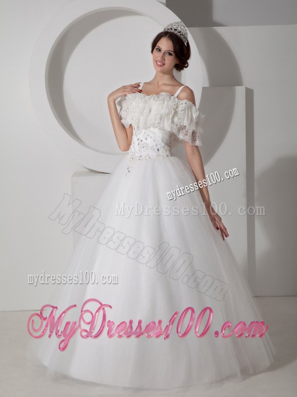A-line Straps and Off The Shoulder Floor-Length Bridal Gown with Appliques