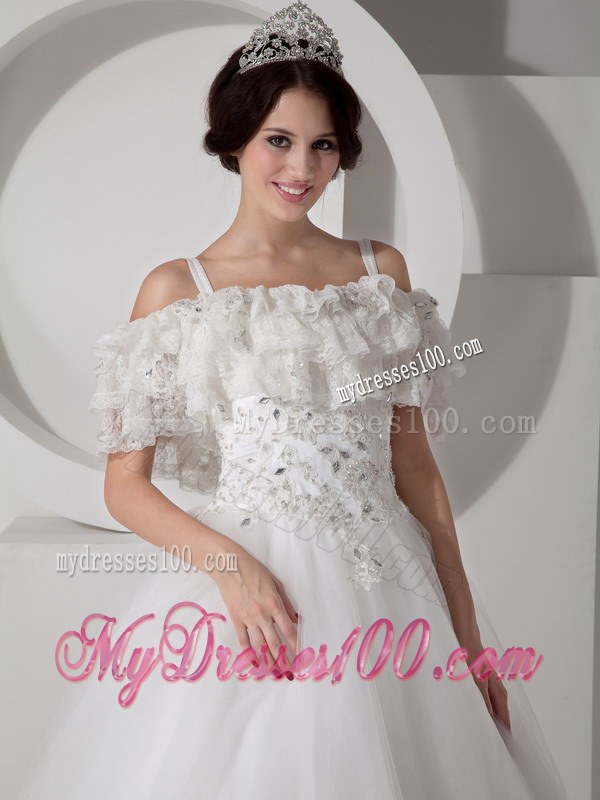 A-line Straps and Off The Shoulder Floor-Length Bridal Gown with Appliques
