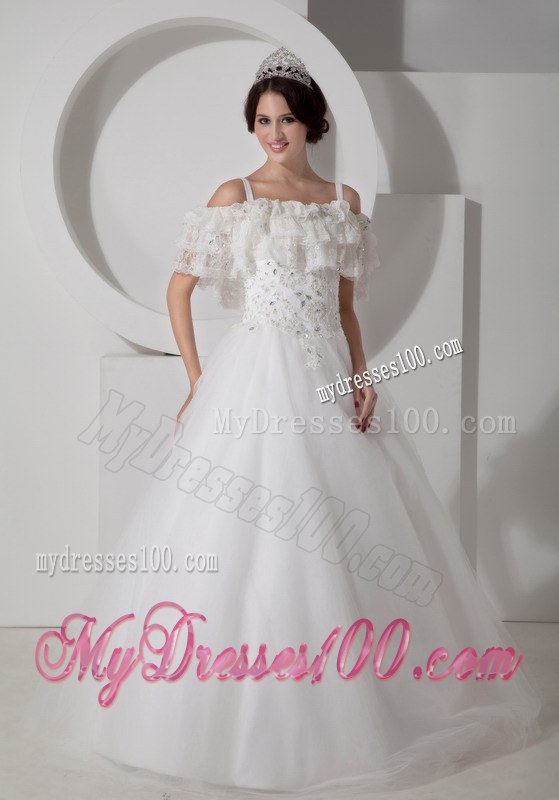 A-line Straps and Off The Shoulder Floor-Length Bridal Gown with Appliques