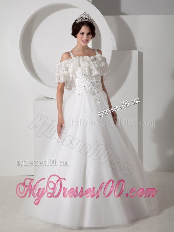 A-line Straps and Off The Shoulder Floor-Length Bridal Gown with Appliques