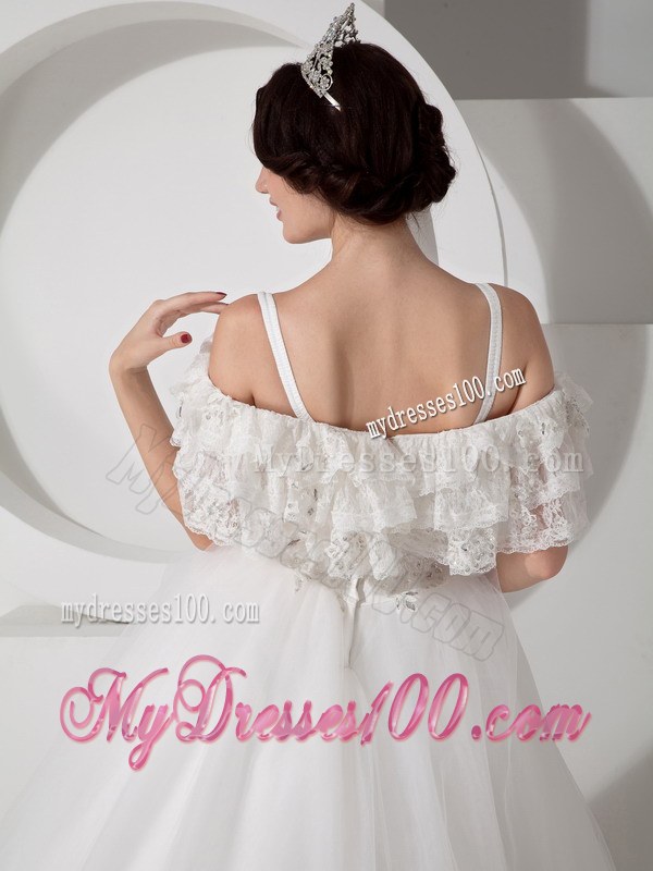 A-line Straps and Off The Shoulder Floor-Length Bridal Gown with Appliques