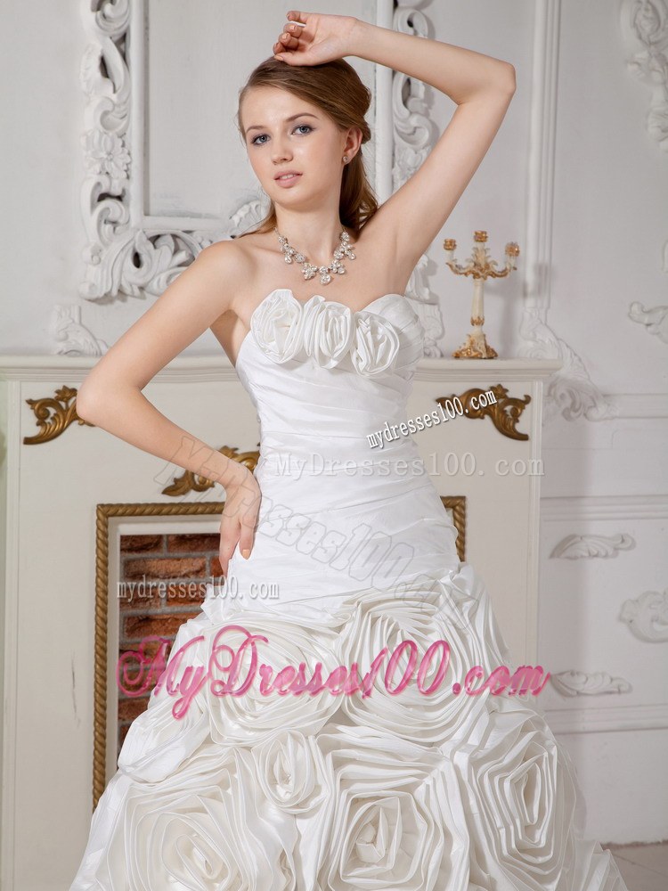 Romantic Court Train Ruched White Wedding Dress with Rolling Flowers